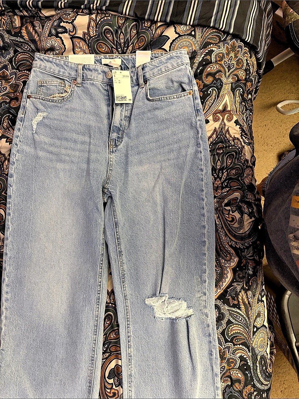 H&M Straight Leg Distressed Jeans Blue Waist 10 NWT